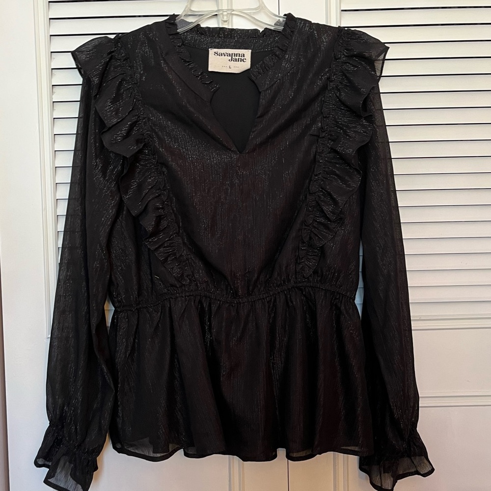 Savanna Jane Black Shimmer Ruffled Top Sz L